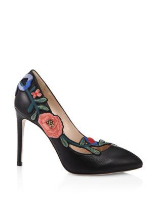 Gucci Ophelia Floral-embroidered Leather Pumps