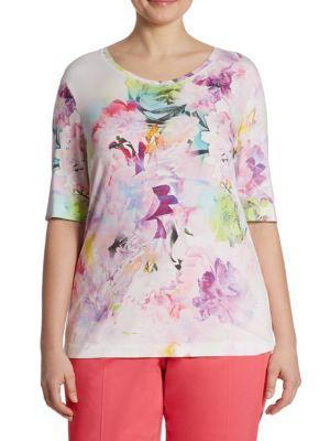 Basler, Plus Size Elbow Sleeve Floral Jersey Print Tee