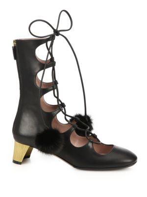 Gucci Lace-up Fur Pom-pom Leather Boots