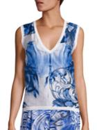 Versace Collection Printed Silk & Cotton V-neck Shell
