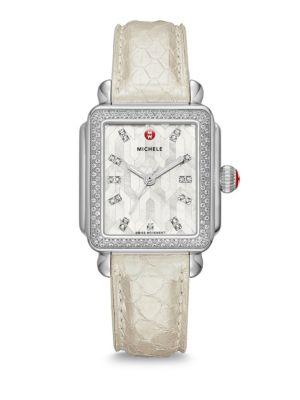 Michele Watches Deco Stainless Steel Mosaic Diamond Snakeskin Strap Watch