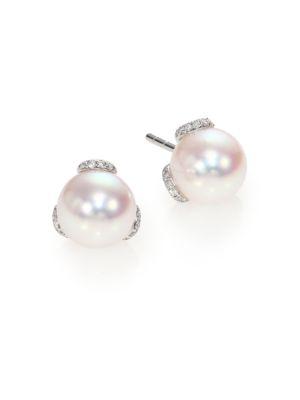 Mikimoto Twist 8mm White Cultured Akoya Pearl, Diamond & 18k White Gold Stud Earrings