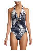 Amoressa Venetian Affair Palm Leaf Stripe Halter One-piece Swimsuit