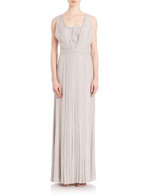 Kay Unger Metallic Pleated Maxidress