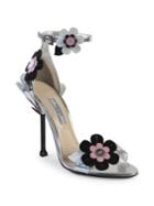 Prada Floral-embroidered Metallic Leather Ankle-strap Sandals