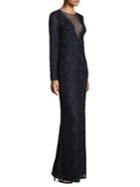 Aidan Mattox Long Sleeve Beaded Long Dress