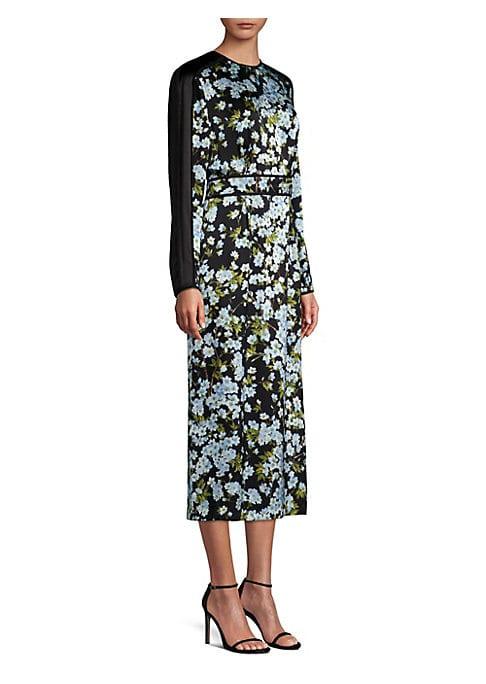 Escada Long-sleeve Floral Silk Midi Dress