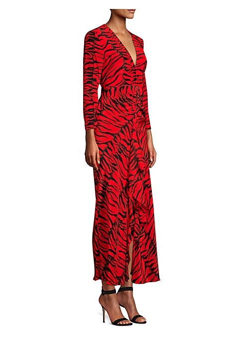 Rixo Moss Tiger Print Ruched Waist Ruffled Silk Maxi Dress