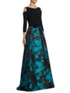 Theia Cold Shoulder Jacquard Skirt Ball Gown