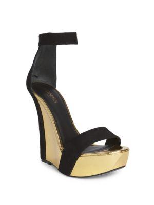 Balmain Ankle Strap Calf Leather Wedges