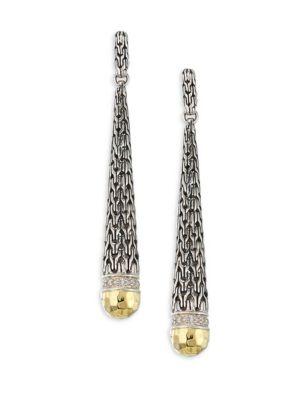 John Hardy Classic Chain Hammered 18k Gold & Silver Diamond Pave Long Drop Earrings