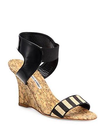 Manolo Blahnik Pepeor Striped Cork Wedge Sandals