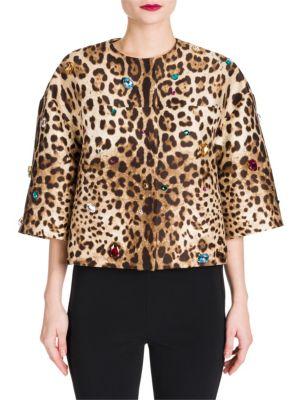 Dolce & Gabbana Embellished Silk & Wool Mikado Cropped Leopard Print Jacket
