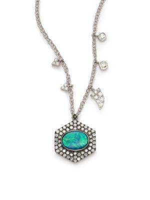 Meira T Opal, Diamond & 14k White Gold Hexagon Pendant Necklace