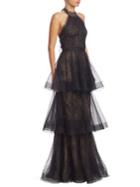 Marchesa Notte Tiered Halter-neck Lace Gown