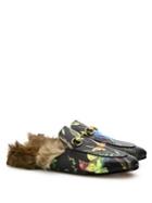 Gucci Princetown Fur-lined Bird-print Leather Slippers