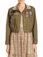 Alice + Olivia Chloe Embroidered Cropped Army Cotton Jacket