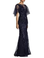 David Meister Embroidered Flutter Sleeve Gown