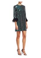 Badgley Mischka Striped Sequin Feather-cuff Shift Dress