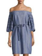 Laundry By Shelli Segal Embroidered Off-the-shoulder Chambray Dress