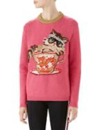 Gucci Long Sleeve Wool Cat Tea Cup Pearl Sweater