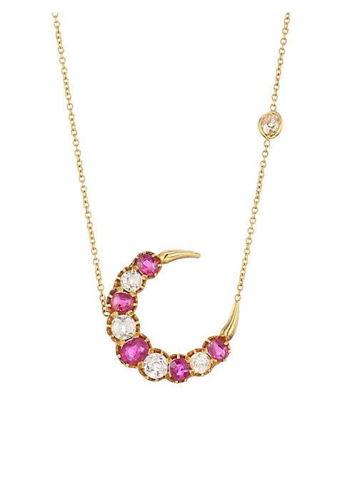 Renee Lewis 18k Gold, Diamond, Sapphire & Ruby Crescent Moon Necklace