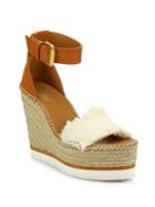 See By Chloe Glyn Leather & Frayed Canvas Espadrille Wedge Platform Sandals