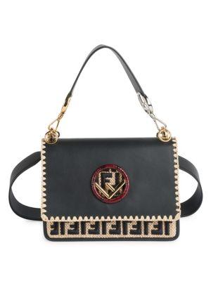 Fendi Kan I F Leather Shoulder Bag With Raffia Embroidery And Trimmings