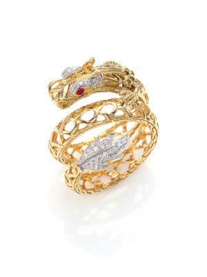 John Hardy Legends Naga 18k Gold, African Ruby & Pave Diamond Dragon Coil Ring