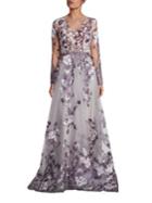 Mikael D Lilac Floral Embroidered Gown