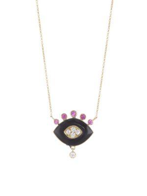 Nayla Arida 18k Yellow Gold Black Enamel, Pink Sapphire & White Diamonds Eye Pendant Necklace