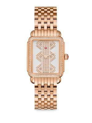 Michele Watches Deco Ii Mid Diamond & Rose Goldtone Stainless Steel Bracelet Watch