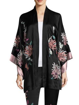 Josie Natori Chrysanthemum Embroidered Silk Kimono Top