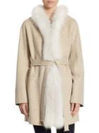 The Fur Salon Fox Fur Trim Belted Wool Coat