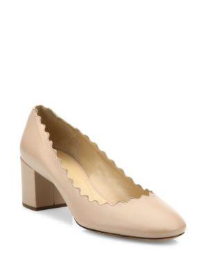 Chloe Leather Scallop-trimmed Leather Block Heel Pumps