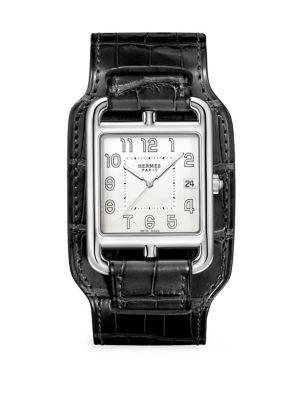 Hermes Watches Matte Black Stainless Steel & Alligator Strap Watch