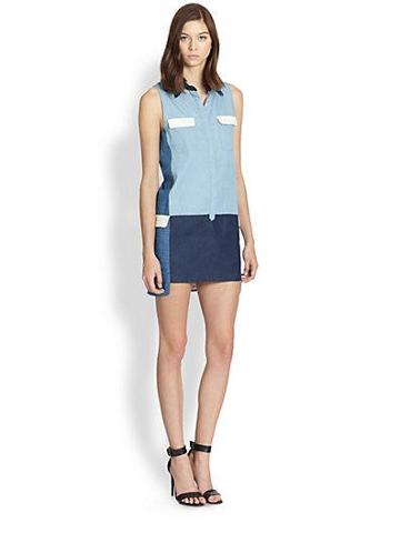 Line & Dot Colorblock Denim Shirtdress