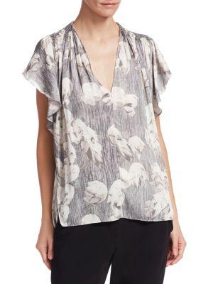 Halston Heritage Flounce-sleeve Printed Ruched Blouse