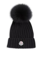 Moncler Berretto Rib-knit Wool & Fur Pompom Hat