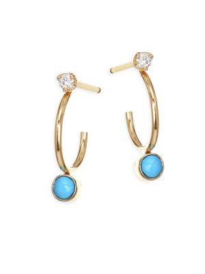 Zoe Chicco Turquoise Diamond, Turquoise & 14k Yellow Gold Huggie Hoop Earrings