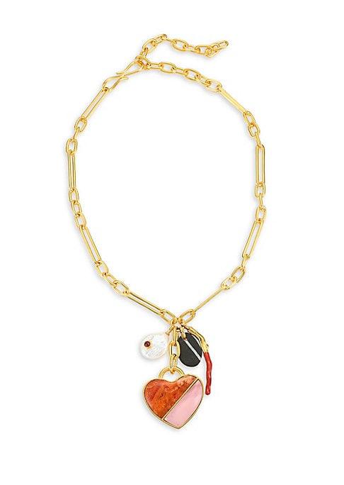Lizzie Fortunato Venice Heart 18k Goldplated, 17mm Baroque Freshwater Pearl & Mixed Gemstone Charm Necklace