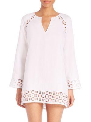 Tory Burch Embroidered Linen Cutout Tunic
