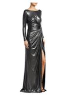 Rene Ruiz Ruched Side Slit Patent Glitter Long-sleeve Gown