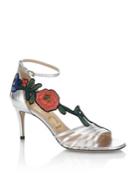 Gucci Ophelia Floral-embroidered Metallic Leather Sandals