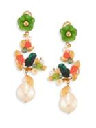 Of Rare Origin Partridge In A Pear Tree Round Freshwater Pearl, Jade & Coral Drop Earrings
