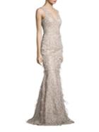 David Meister Metallic Embroidered Lace & Feather Gown