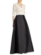 Reem Acra Embroidered Lace Silk & Wool V-neck Gown