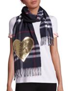 Burberry Sequined Heart Giant Check Cashmere Scarf