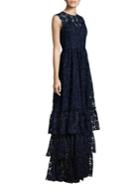 Shoshanna Midnight Daisy Embroidered Tiered Skirt Gown