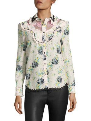 Coach Printed Silk & Lace Western Blouse